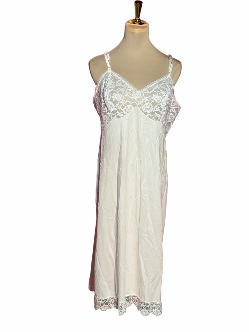Vintage Vanity White Lace-Trim Satin Slip Nightgown